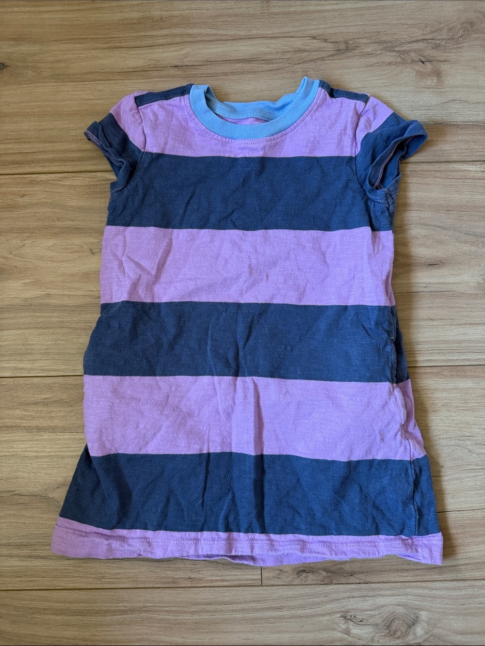 Primary Pink and Navy Striped Short Sleeve Tee Dress with Light Blue Neck